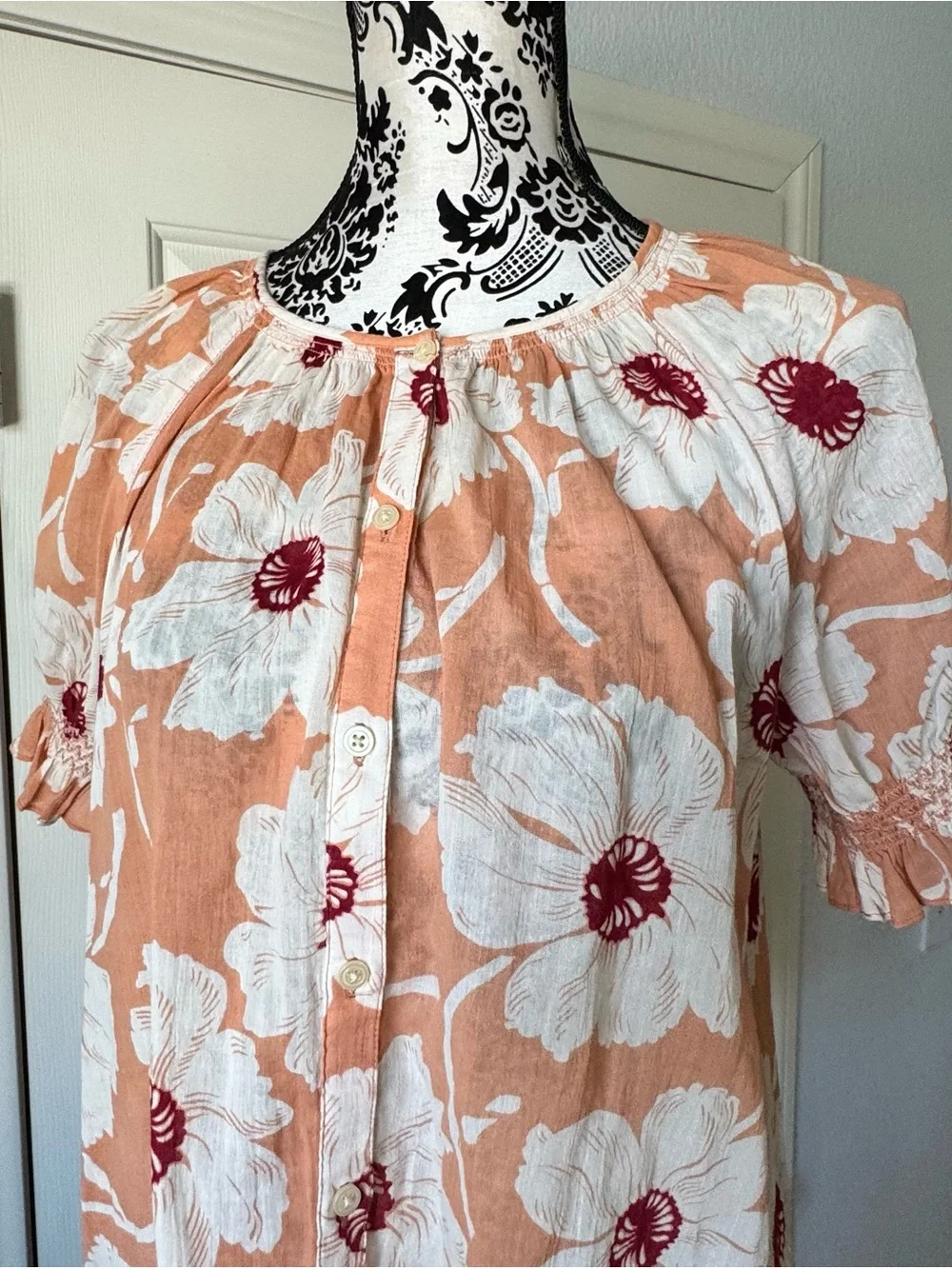 Madewell Peach and White Floral Button-Up Peasant Blouse